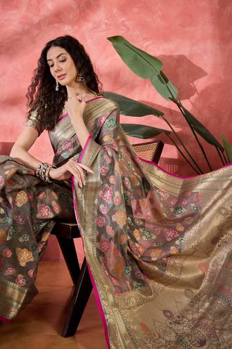 Women's grey organza rangkat work saree with unstitched blouse piece