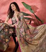 Women's grey organza rangkat work saree with unstitched blouse piece