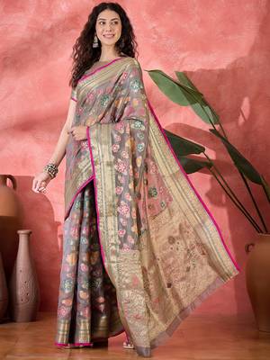 Women's grey organza rangkat work saree with unstitched blouse piece 2