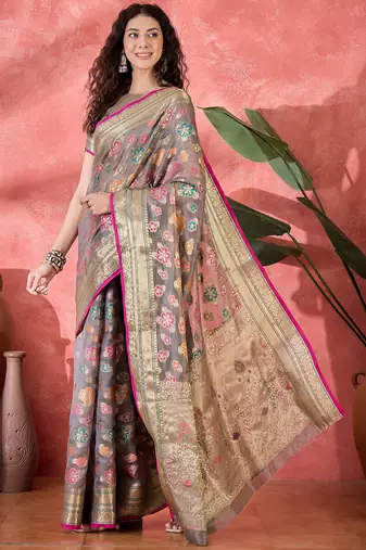 Women's grey organza rangkat work saree with unstitched blouse piece