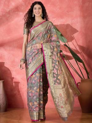 Women's grey organza rangkat work saree with unstitched blouse piece 3