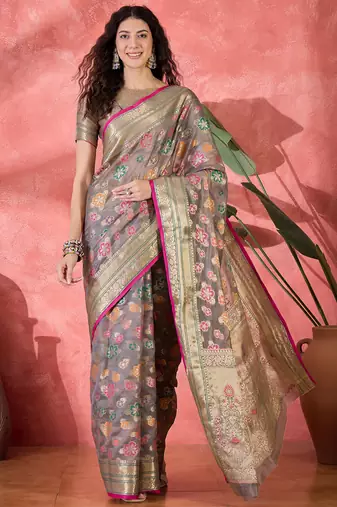 Women's grey organza rangkat work saree with unstitched blouse piece
