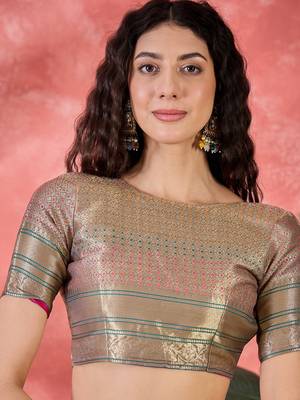 Women's grey organza rangkat work saree with unstitched blouse piece 4