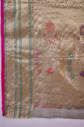 Women's grey organza rangkat work saree with unstitched blouse piece