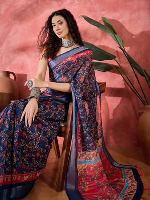 Women's navy blue linen printed work saree with unstitched blouse piece 1