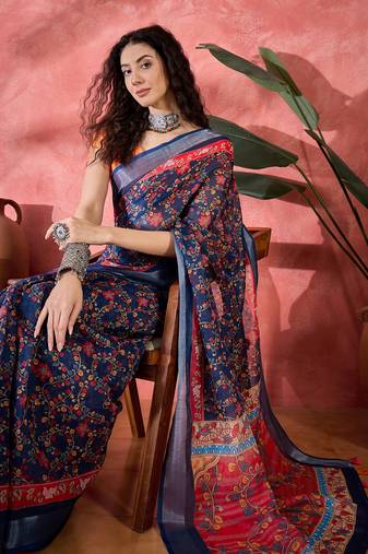 Women's navy blue linen printed work saree with unstitched blouse piece