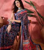 Women's navy blue linen printed work saree with unstitched blouse piece
