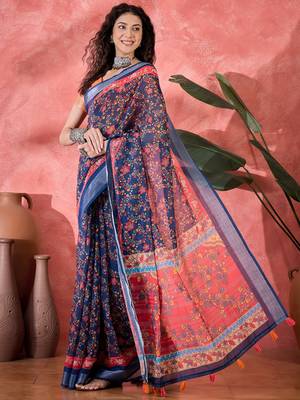 Women's navy blue linen printed work saree with unstitched blouse piece 2