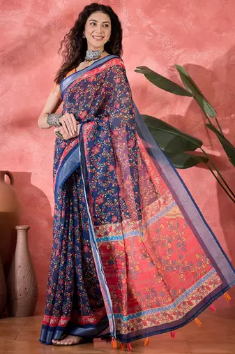 Women's navy blue linen printed work saree with unstitched blouse piece
