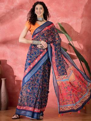 Women's navy blue linen printed work saree with unstitched blouse piece 3