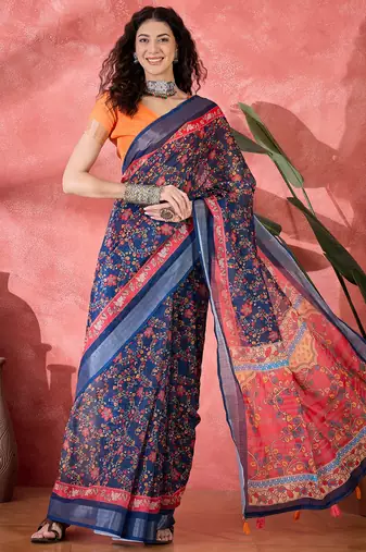 Women's navy blue linen printed work saree with unstitched blouse piece