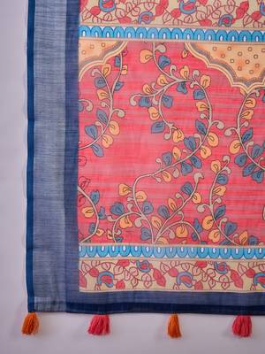 Women's navy blue linen printed work saree with unstitched blouse piece 5
