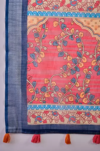 Women's navy blue linen printed work saree with unstitched blouse piece