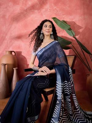 Women's navy blue linen printed work saree with unstitched blouse piece 1