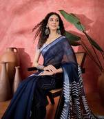 Women's navy blue linen printed work saree with unstitched blouse piece