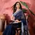 Women's navy blue linen printed work saree with unstitched blouse piece