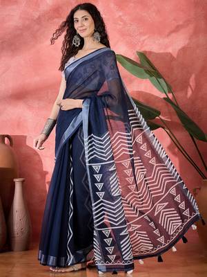 Women's navy blue linen printed work saree with unstitched blouse piece 2