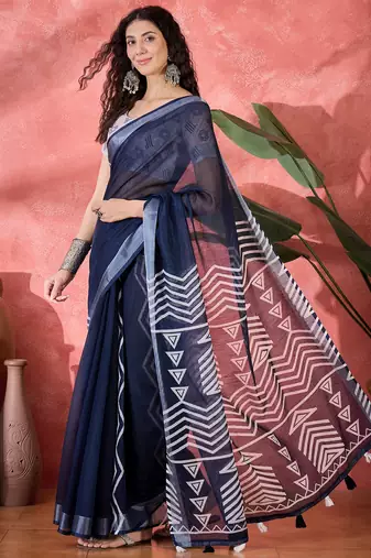 Women's navy blue linen printed work saree with unstitched blouse piece