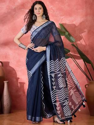 Women's navy blue linen printed work saree with unstitched blouse piece 3