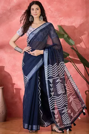 Women's navy blue linen printed work saree with unstitched blouse piece