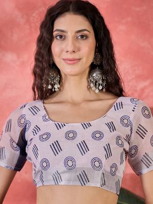 Women's navy blue linen printed work saree with unstitched blouse piece 4