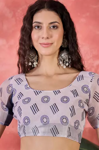 Women's navy blue linen printed work saree with unstitched blouse piece