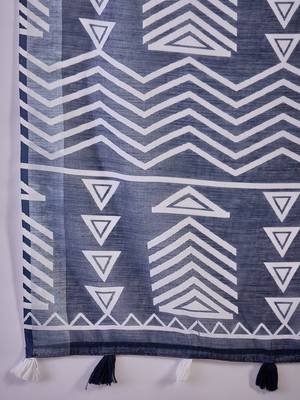 Women's navy blue linen printed work saree with unstitched blouse piece 5