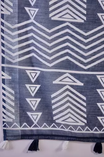 Women's navy blue linen printed work saree with unstitched blouse piece