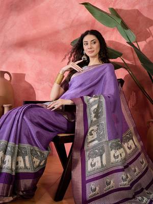 Women's lavender silk blend printed work saree with unstitched blouse piece 1