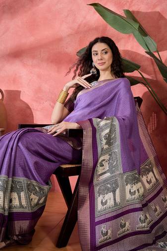 Women's lavender silk blend printed work saree with unstitched blouse piece