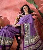 Women's lavender silk blend printed work saree with unstitched blouse piece