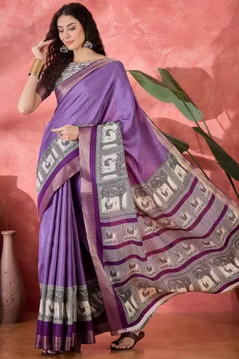 Women's lavender silk blend printed work saree with unstitched blouse piece