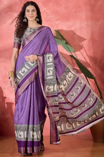 Women's lavender silk blend printed work saree with unstitched blouse piece