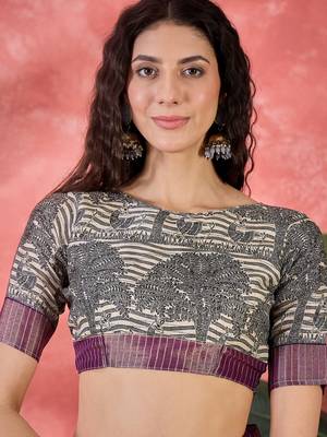 Women's lavender silk blend printed work saree with unstitched blouse piece 4