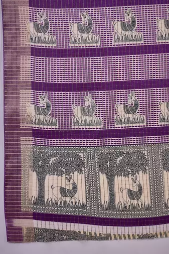 Women's lavender silk blend printed work saree with unstitched blouse piece