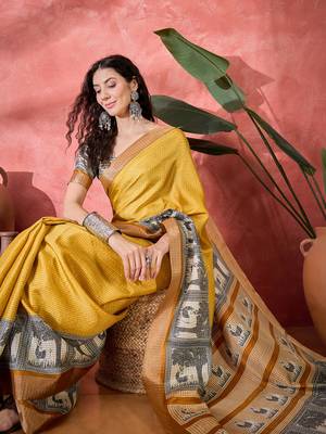 Women's mustard silk blend printed work saree with unstitched blouse piece 1