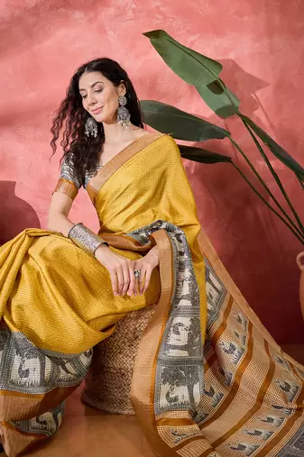 Women's mustard silk blend printed work saree with unstitched blouse piece