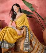 Women's mustard silk blend printed work saree with unstitched blouse piece
