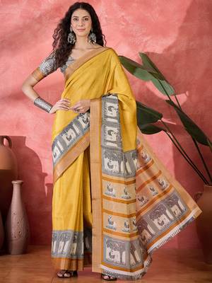 Women's mustard silk blend printed work saree with unstitched blouse piece 2