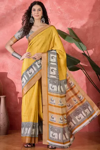 Women's mustard silk blend printed work saree with unstitched blouse piece
