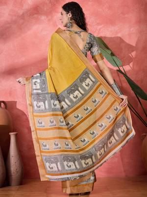 Women's mustard silk blend printed work saree with unstitched blouse piece 3