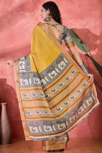 Women's mustard silk blend printed work saree with unstitched blouse piece