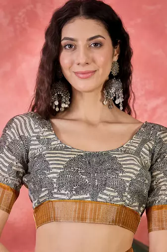 Women's mustard silk blend printed work saree with unstitched blouse piece