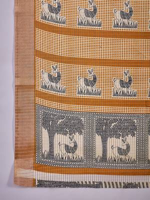 Women's mustard silk blend printed work saree with unstitched blouse piece 5