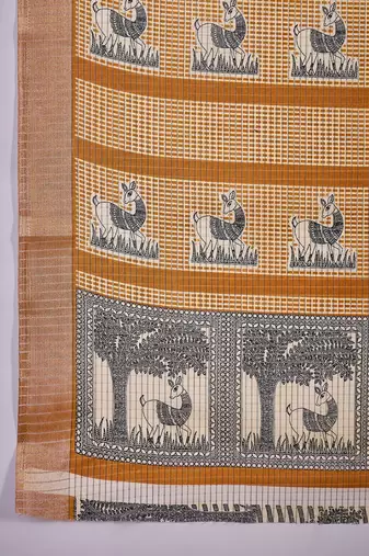 Women's mustard silk blend printed work saree with unstitched blouse piece