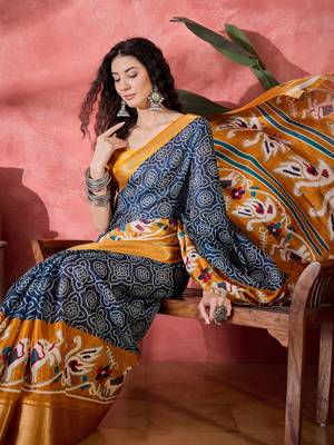 Women's navy blue silk blend bandhani work saree with unstitched blouse piece 1