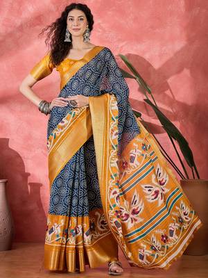 Women's navy blue silk blend bandhani work saree with unstitched blouse piece 2
