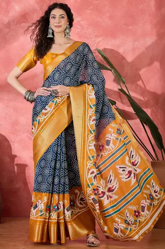 Women's navy blue silk blend bandhani work saree with unstitched blouse piece