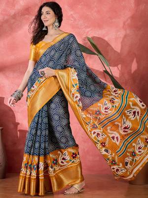 Women's navy blue silk blend bandhani work saree with unstitched blouse piece 3
