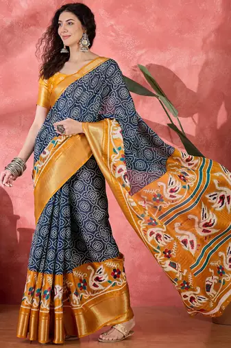 Women's navy blue silk blend bandhani work saree with unstitched blouse piece